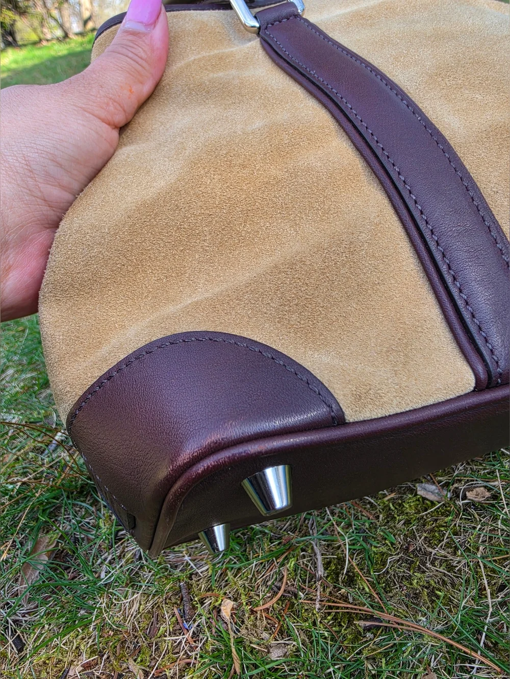 Coach Hampton Beige Tan Suade & Brown Leather Medium Carryall Tote Bag Satchel
